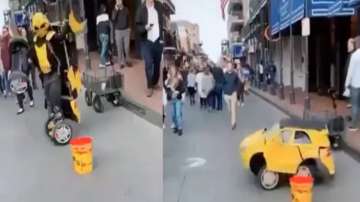 In the viral video man can be seen transforming himself into a small car