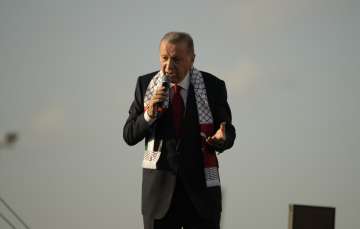 Turkish President Recep Tayyip Erdogan at the pro-Palestine rally in Istanbul.