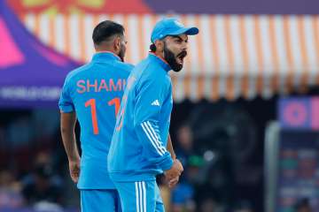 Mohammed Shami and Virat Kohli vs New Zealand in Dharamsala on October 22