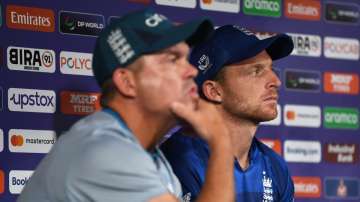 Jos Buttler (R) and England head coach Matthew Mott were speechless in press conference after team's loss to Afghanistan