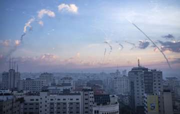 Hamas launching rockets from the Gaza Strip towards Israel