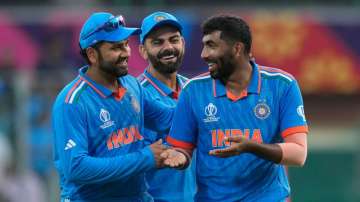 Rohit Sharma, Virat Kohli and Jasprit Bumrah vs Australia in Delhi on Oct 11, 2023