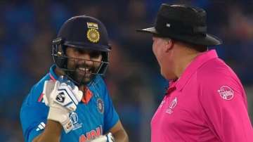 Rohit Sharma and Marais Erasmus during IND vs PAK World Cup 2023 match on Oct 14