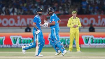 Indian batters Rohit Sharma and Virat Kohli vs Australia during ODI match on Sep 27, 2023