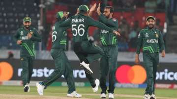 Pakistan cricket team celebrating against Netherlands in World Cup match on Oct 6, 2023