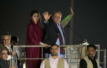 Three-time former Pakistan PM Nawaz Sharif addressing a rally in Lahore.