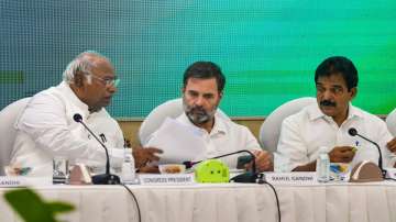 Congress President Mallikarjun Kharge with party leaders Rahul Gandhi and KC Venugopal