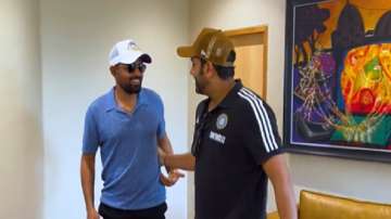 Indian cricket team captain Rohit Sharma meets Pakistan skipper Babar Azam during Captain's Day event ahead in Ahmedabad.