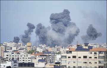 Smoke rising from a building in Israel after a rocket attack by Hamas