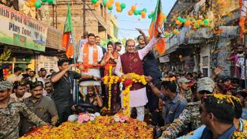 Madhya Pradesh Chief Minister Shivraj Singh Chouhan during a road show ahead of Assembly election in the state 