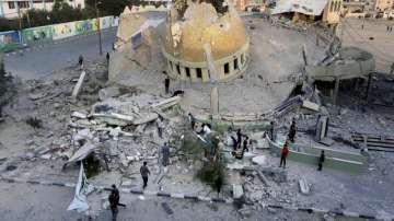 Footage shows the aftermath of Israeli air strikes on Gaza, where a mosque was completely destroyed. 