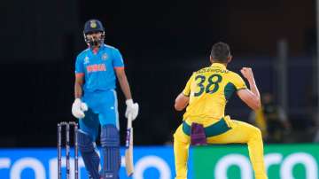 Josh Hazlewood celebrates after dismissing Shreyas Iyer 