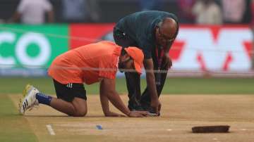Skipper Rohit Sharma during inspection of the Wankhede Stadium pitch ahead of the World Cup 2023 semi-final