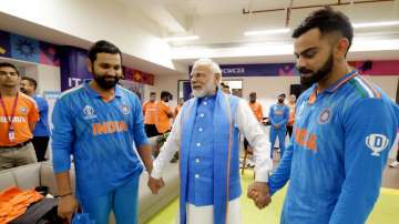 Prime Minister Narendra Modi with Rohit Sharma and Virat Kohli after World Cup 2023 final loss to Australia