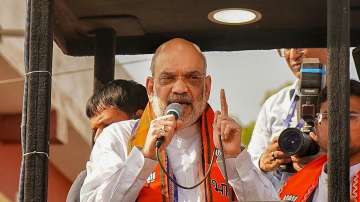 Union Home Minister Amit Shah during a road show ahead of Madhya Pradesh Assembly elections, at Manawar in Dhar district.