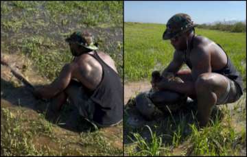 The viral video shows the man catching an anaconda