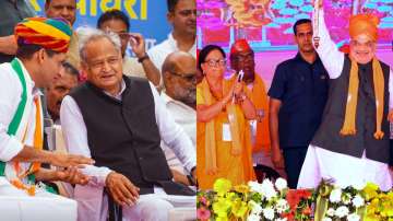 Rajasthan Chief Minister Ashok Gehlot, Union Home Minister Amit Shah and former CM Vasundhara Raje (second right)