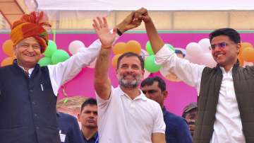 Congress leader Rahul Gandhi with Rajasthan Chief Minister Ashok Gehlot and party leader Sachin Pilot during Congress Guarantee Rally ahead of the State Assembly elections.