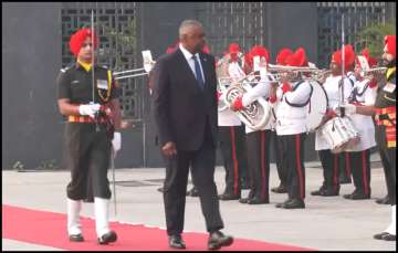 US Defence Secretary Lloyd Austin at Palam Airport, New Delhi.