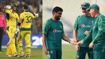 Australia players (L), Pakistan's Babar Azam with support staff (R).