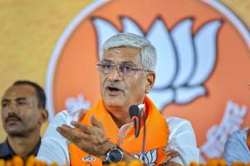 Union Minister and BJP leader Gajendra Singh Shekhawat addresses a press conference at the party office, in Jaipur.