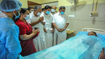 Kerala Chief Minister Pinarayi Vijayan meets an injured victim of Kalamaseri Samra Convention Center