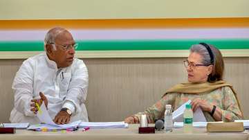 Congress President Mallikarjun Kharge with party leader Sonia Gandhi