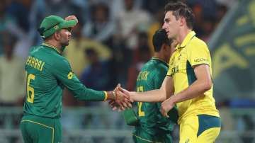 Keshav Maharaj and Pat Cummins at World Cup 2023