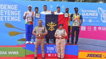 Men's rowing event medal winners in Goa on November 1, 2023