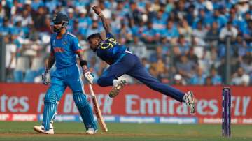 Virat Kohli and Dilshan Madushanka during World Cup 2023 match in Mumbai on November 2