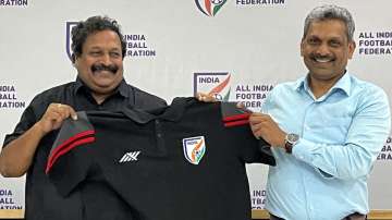 M Satyanarayan and Shaji Prabhakaran at AIFF office on July 31, 2023