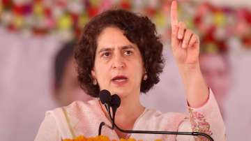 AICC General Secretary Priyanka Gandhi Vadra speaks during a public meeting.