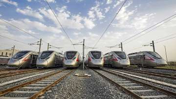 Trains halt at the Sahibabad RAPIDX station ahead of the inauguration of a priority section of the Delhi-Meerut Regional Rapid Transit System (RRTS), in Ghaziabad.