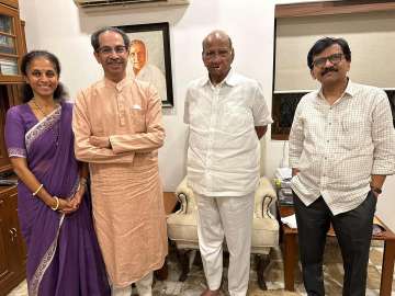 Shiv Sena (Uddhav Balasaheb Thackeray) leaders Uddhav Thackeray and Sanjay Raut meet Nationalist Congress Party (NCP) Chief Sharad Pawar at the latters residence, in Mumbai.