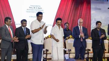 Tamil Nadu Chief Minister MK Stalin with TRB Rajaa, Minister for Industries.