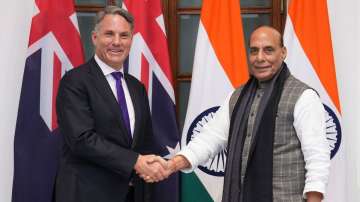 Australian Dy PM Richard Marles and Defence Minister Rajnath Singh during 2+2 meeting in Delhi.