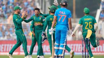 South African players celebrate after Keshav Maharaj dismisses Shubman Gill.