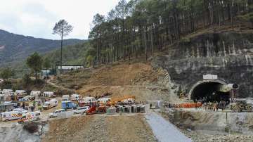 Ambulances on standby during the ongoing rescue operation of the 41 workers trapped inside the under-construction Silkyara Bend-Barkot Tunnel, in Uttarkashi district