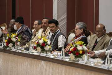 Congress President Mallikarjun Kharge with party leaders Sonia Gandhi and Rahul Gandhi along with I.N.D.I.A bloc leaders in New Delhi