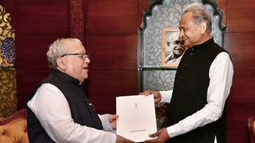 Rajastan Governor Kalraj Mishra receives Congress leader Ashok Gehlots resignation as the state chief minister, at Raj Bhavan, in Jaipur.