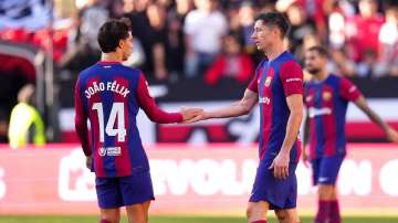 Barcelona forwards Joao Felix and Antoine Griezmann during La Liga match on November 25, 2023