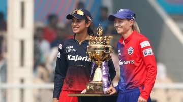 Smriti Mandhana and Meg Lanning with WPL 2023 trophy on March 5