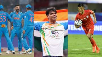 Indian cricket team players (L), Neeraj Chopra and Sunil Chhetri (R) in 2023