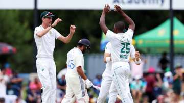 South Africa bowlers celebrate Rohit Sharma's wicket at SuperSport Park on December 26, 2023