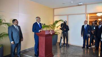 Maldivian President Muizzu while addressing a press conference at the Velana International Airport.