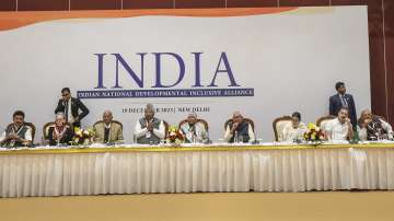 (L-R) Shiv Sena (UBT) chief Uddhav Thackeray, Tamil Nadu Chief Minister and DMK chief MK Stalin, Congress leader Sonia Gandhi, NCP Chief Sharad Pawar, Congress President Mallikarjun Kharge, RJD chief Lalu Prasad Yadav, Bihar Chief Minister Nitish Kumar, West Bengal Chief Minister.