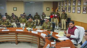 Madhya Pradesh Chief Minister Mohan Yadav during a meeting, at the Police headquarters in Bhopal.