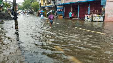 A local wades through a waterlogged road amid rainfall, in Puducherry. (Representational image)