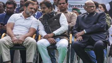 Congress leaders Rahul Gandhi, K.C. Venugopal and NCP chief Sharad Pawar during a protest of Indian National Developmental Inclusive Alliance (I.N.D.I.A) at Jantar Mantar, in New Delhi.