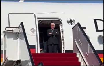 German President Frank-Walter Steinmeier waiting on the plane in Doha.